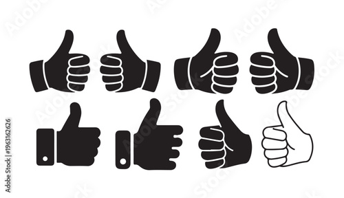 Collection of eight black and white thumb up icons in various outline and solid styles