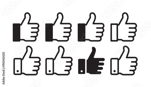 Eight black and white thumb up icons in assorted outline and solid styles for web use