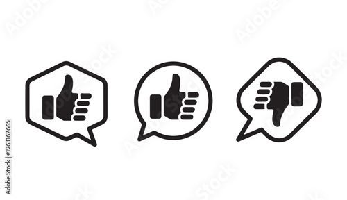 Three vector icons of thumbs up and thumbs down gestures in speech bubbles