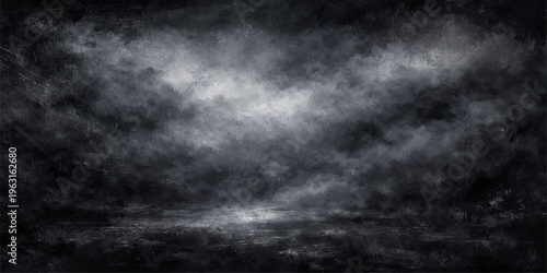 A dramatic black and white cloudscape captures a dark stormy sky where thick smoke and fog blend into a textured overcast background of wind and rain