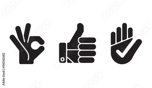 Vector illustrations of ok hand gesture thumbs up and checkmark in hand