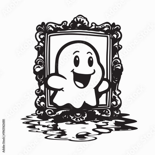 Cute Cartoon Ghost In The Mirror Vector Illustration On White Background