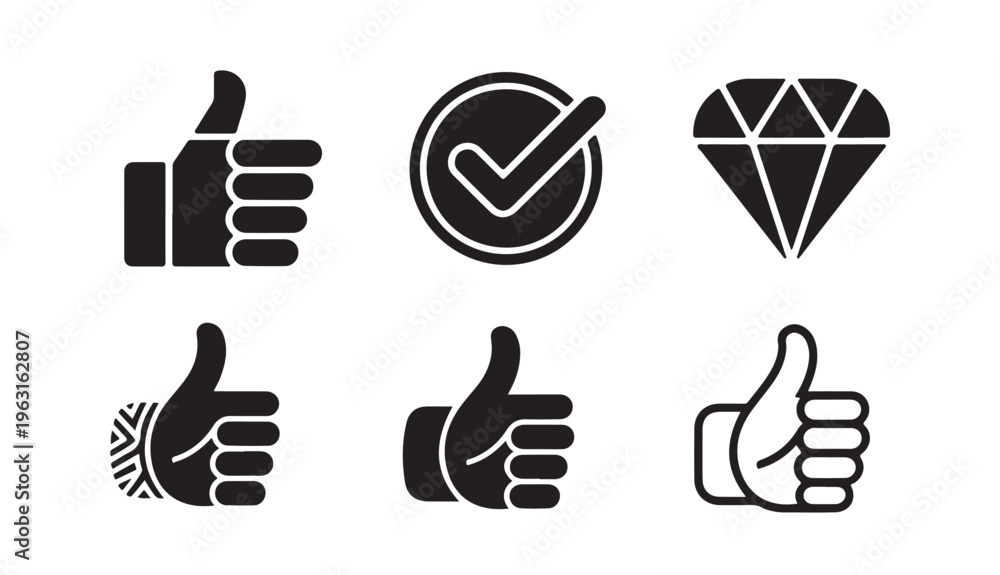 Fototapeta premium Black and white icon set featuring thumbs up check mark and diamond symbols for business interfaces