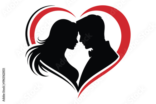 Couple in silhouette embracing within a red and black heart shape, symbol of love romance and relationship unity