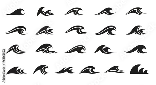 Collection of stylized black and white wave and surfboard illustrations in various orientations