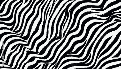 
Dynamic zebra pattern vector with flowing black and white wavy stripes, abstract animal fur texture, bold high-contrast design for fashion, textile prints, backgrounds, and modern graphic projects.