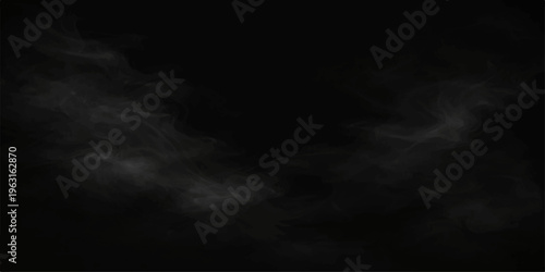 Abstract white smoke swirls like ethereal clouds against a dark black texture to create a motion of light and fog in the night sky