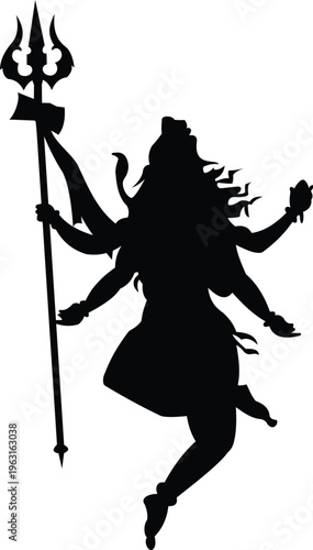 Shiva silhouette holding trident and performing cosmic dance for hindu spiritual festival and yoga meditation.