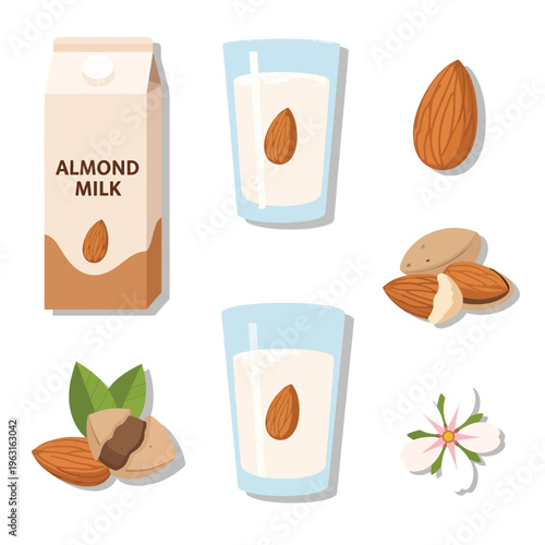 Almond milk and almonds in glasses with carton and nuts on table