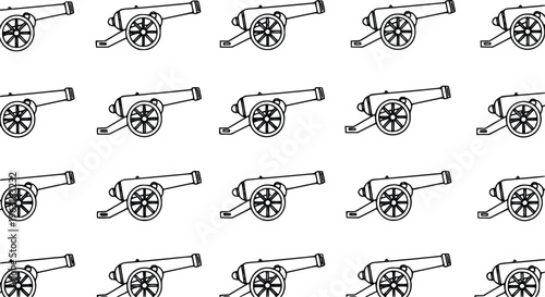 Black outline old-style cannon icon seamless vector pattern on white background for vintage design