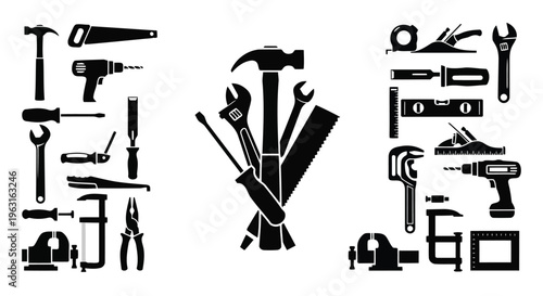 A diverse collection of traditional hand tools and carpentry equipment displayed in black and white