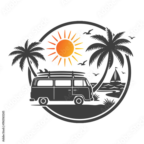 Circular summer vacation badge design with camper van surf board palm trees sun and sailboat in tropical beach setting