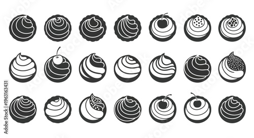 A collection of various stylishly decorated cupcakes with intricate frosting designs