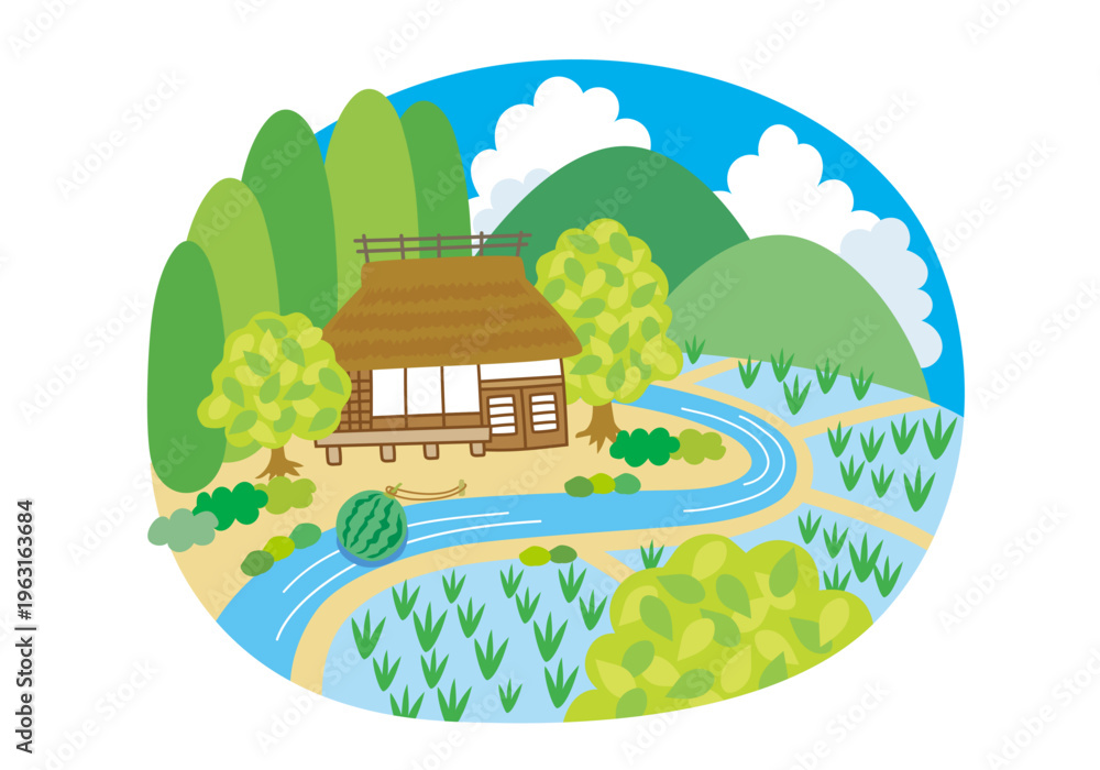 Fototapeta premium 昔の田舎の民家_夏イラスト