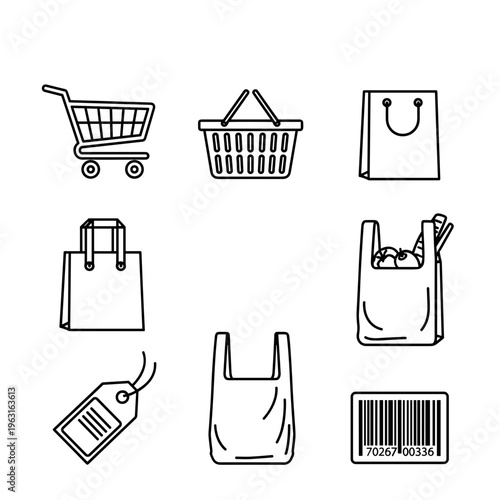 Shopping bags and cart icons.