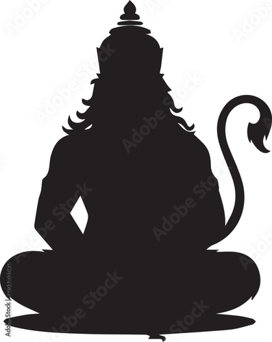 Silhouette of seated revered Hindu deity Hanuman with long tail and crown, meditative pose.