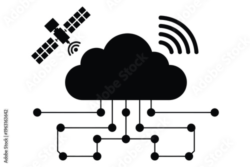 Satellite orbiting earth connected to cloud server system showing wireless signal transmission and network connections illustration