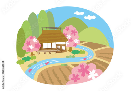 昔の田舎の民家_春イラスト