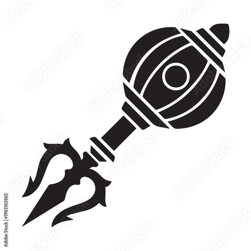 Abstract illustration of traditional Indian mace or gada weapon with trident prongs, black silhouette.
