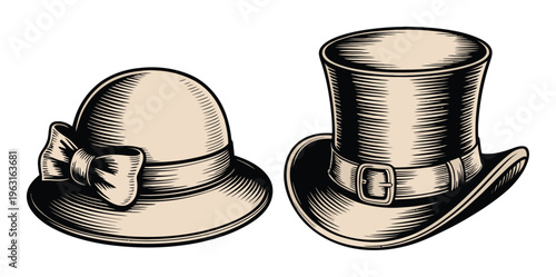 Vintage Bowler and Top Hat Vector Illustration