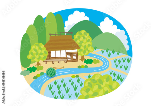 昔の田舎の民家_夏イラスト