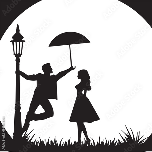 Singing in rain concept with man swinging on street lamp post holding umbrella for woman in moonlight silhouette.