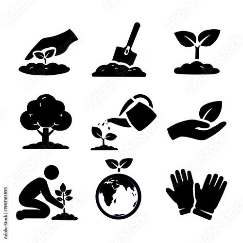 Environment tree planting volunteer solid icon set
