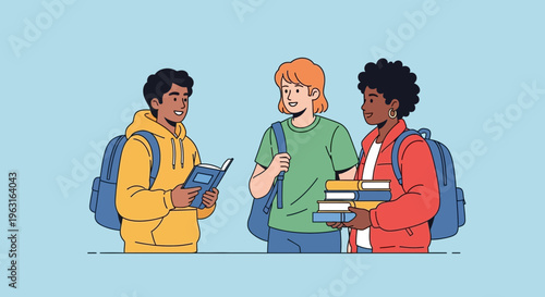 Three college friends chatting with notebooks and backpacks