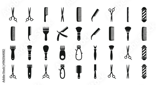 Assorted black and white illustrations of various barber and beauty tools