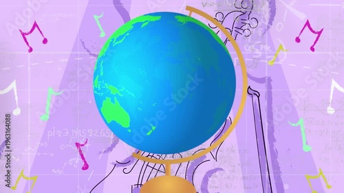 Animation of globe and music notes over mathematical drawings