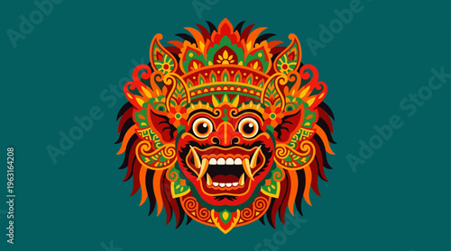 Vibrant and intricate illustration of a traditional Balinese mythological mask with ornate details and a fierce expression against a teal background.