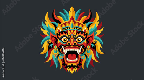 Vibrant and colorful stylized traditional Balinese demon mask illustration with intricate details and fierce expression on a dark background.