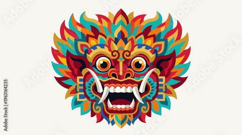 Vibrant and intricate traditional Balinese Barong mask illustration with colorful details and fierce expression.