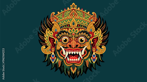 Intricate and colorful traditional Balinese mythological creature mask with elaborate crown and fierce expression on a dark teal background.