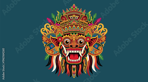 Vibrant and intricately detailed illustration of a traditional Balinese Barong mask with rich cultural patterns and vivid colors on a teal background.
