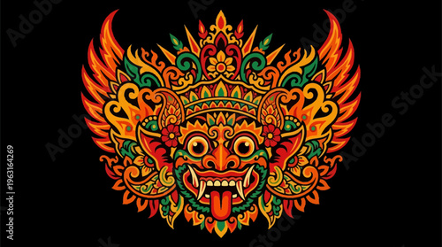 Vibrant and intricate illustration of a traditional Balinese Barong mask with ornate patterns and fiery colors on a black background.