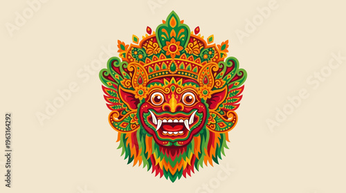 Vibrant and intricately detailed Balinese Barong mask illustration, featuring traditional red, green, and gold colors with a fierce expression and ornate crown.