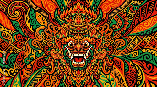 Vibrant and intricate illustration of a traditional Balinese mythical creature with elaborate patterns and bold colors.