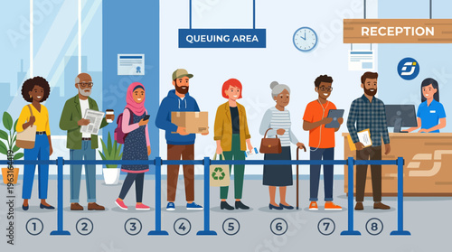 Diverse group of people waiting in a queue at a reception desk, illustrating customer service and waiting lines.