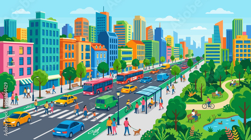 Vibrant cartoon city scene with bustling street, modern buildings, a lively park, and diverse people and vehicles.