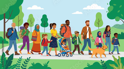 A diverse group of people, including adults, children, and a baby in a stroller, along with a dog, walking together on a path in a lush green park.