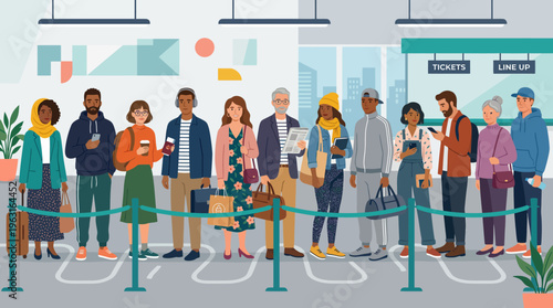 Diverse group of people waiting patiently in a long queue at a ticket counter or check-in area in a public building.