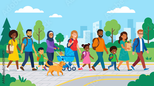 A diverse group of people, including families with children and a dog, walking happily along a city park sidewalk with buildings and trees in the background.