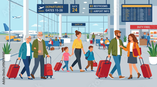 Diverse groups of people, including families, couples, and elderly individuals, walk with luggage through a bustling modern airport terminal.