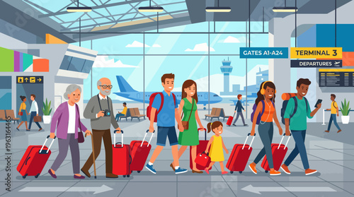 Diverse group of travelers with luggage walking through a busy modern airport terminal with an airplane visible outside.