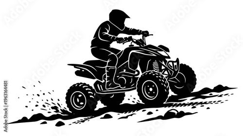 Dynamic black and white vector illustration of an ATV rider on an off-road adventure, kicking up dirt.