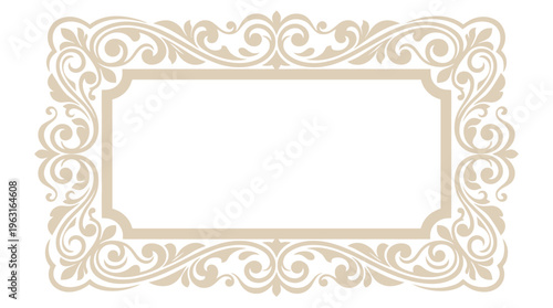 Elegant beige rectangular frame with ornate scrollwork and decorative vintage design.