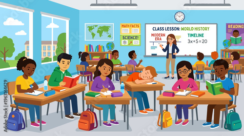 A vibrant classroom scene with a diverse group of elementary school children learning from their teacher, engaged in various activities.