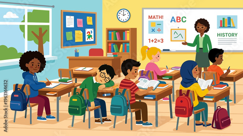 A diverse group of elementary school children learning in a vibrant classroom with their teacher, engaged in various academic activities.