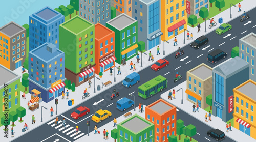 Isometric illustration of a vibrant, bustling city street with colorful buildings, diverse vehicles, and numerous pedestrians walking and cycling.